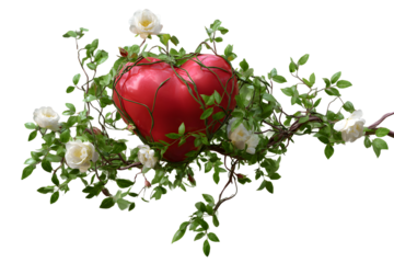 Human heart in wild rose bushes on transparent background for designers, marketers and IT. Popular abstraction, background, illustration, object, symbol, texture. Flowers, natural space for text.