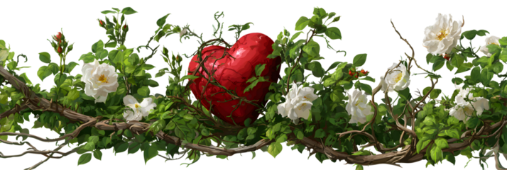 Human heart in wild rose bushes on transparent background for designers, marketers and IT. Popular abstraction, background, illustration, object, symbol, texture. Flowers, natural space for text.