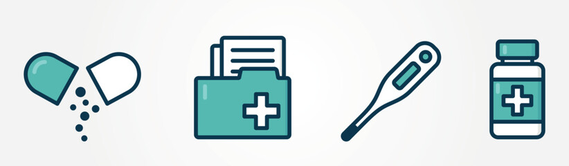 Medical icon set. Pills, thermometer, pill bottle and patient card. Isolated vector color image