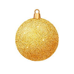 Christmas gold ball with glitter isolated on white background. Luxury realistic golden ball toy with light effect and sparkle for Christmas tree. Vector illustration