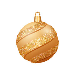 Christmas gold ball with glitter isolated on white background. Luxury realistic golden ball toy with light effect and sparkle for Christmas tree. Vector illustration
