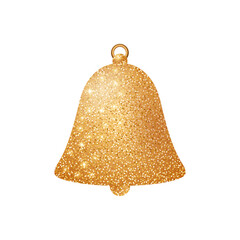 Christmas gold bell with glitter isolated on white background. Luxury realistic toy bell with light effect and sparkle for Christmas tree. Vector illustration