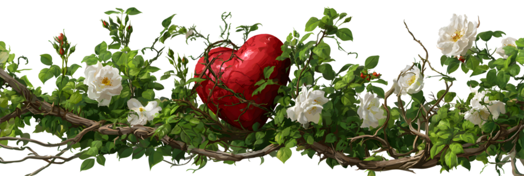 Human heart in wild rose bushes on transparent background for designers, marketers and IT. Popular abstraction, background, illustration, object, symbol, texture. Flowers, natural space for text.