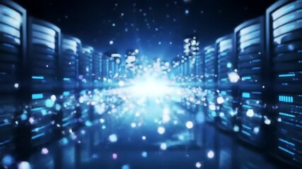 Moving through a futuristic digital data center with server racks and glowing network particles - Powered by Adobe