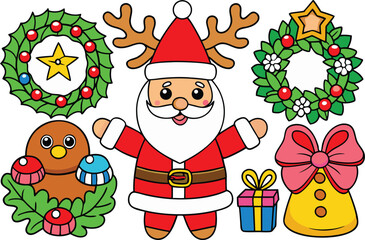 Festive santa and reindeer christmas collection vector illustration for holiday designs isolated on transparent background