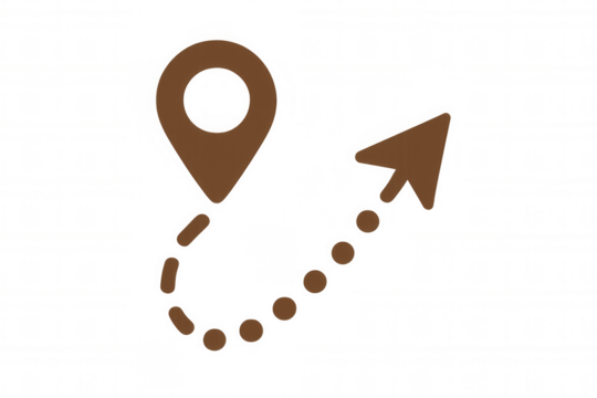 Location pin icon with a dotted path showing navigation route, journey, and destination on transparent background