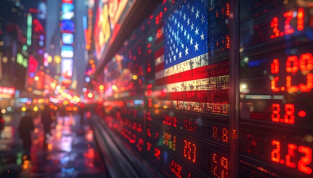 Nighttime city street scene with American flag on a stock ticker board.  Blurred pedestrians and vibrant city lights in the background.  Digital displays of financial data