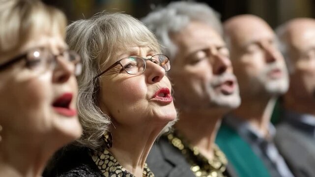 A group of senior citizens singing together, joyful and lively