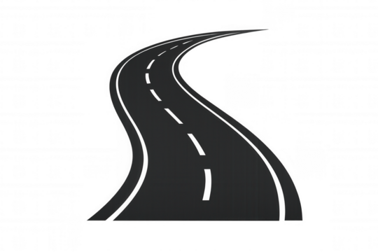 Winding road graphic with dashed lines symbolising travel, journey, direction, and future path on transparent background