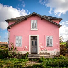 Pink house with weathered facade under a partly cloudy sky