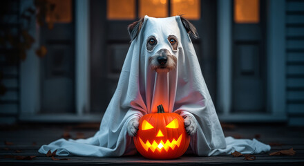 Cute dog in white ghost costume sitting with glowing pumpkin lantern on porch celebrating Halloween night.