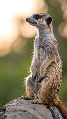 Fototapeta premium Alert meerkat on rock, golden light