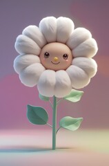 Adorable kawaii flower character with smiling face and fluffy petals, perfect for cheerful designs