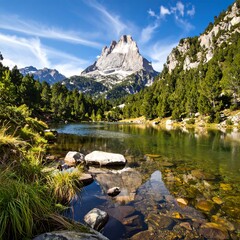 Mountain lake nestled in a lush valley under a vibrant sky
