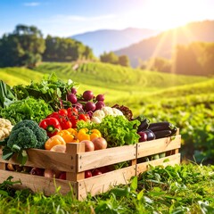 Wooden crate overflowing with colorful fresh produce in a sunlit field