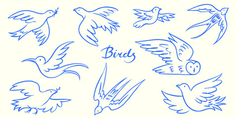 Fototapeta premium collection of beautiful one line birds. peace symbols. Owl , dove and swallow. Colibri one line hand drawn engraving.