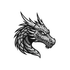 Fierce Grayscale Dragon Head Vector Illustration with Aggressive Expression