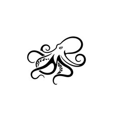 Elegant Stylized Black Octopus Vector Illustration with Curled Tentacles