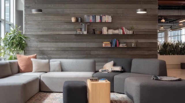 Medium shot of a spacesaving modular sofa with sleek lines main seating area sharply focused background blurred to highlight adaptable components for compact urban living.