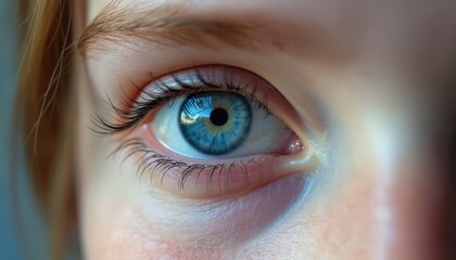 Fototapeta premium Extreme close-up of a young girl striking blue eye shows detail of iris and lashes. One eye appears partially closed, hinting at a medical condition or a moment captured in time.