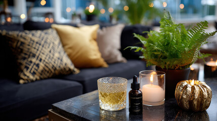 A stylish indoor scene featuring a plush sofa adorned with decorative pillows, accompanied by cozy elements like a drink and candle, perfect for a warm atmosphere.