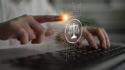 Futuristic digital law interface displaying justice scale, highlighting digital law, AI compliance,...