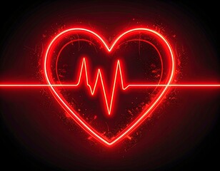 Red heart graphic with EKG, neon glow, dark background