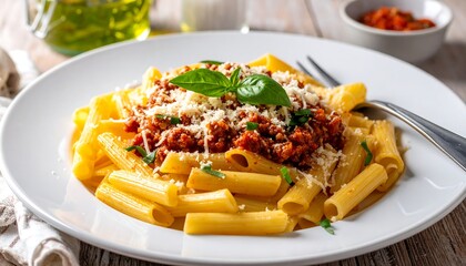 Pasta dish with meat sauce, topped with cheese and fresh basil