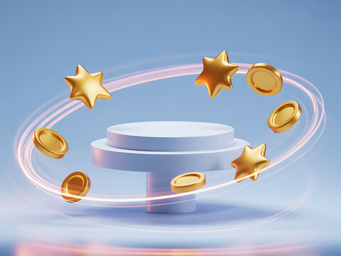 Fototapeta Golden stars and coins orbiting a futuristic podium on a light blue background