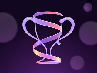 Glowing trophy with iridescent ribbon against dark bokeh background