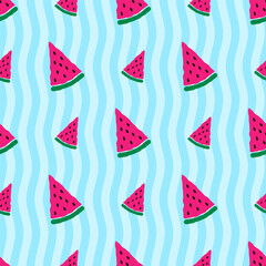 Summer tropical seamless watermelon pattern on blue wavy striped background