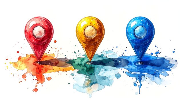 Watercolor map markers in vibrant colors