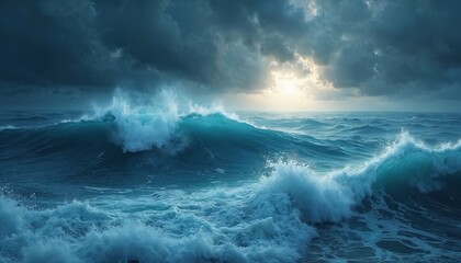 Naklejka premium Massive ocean wave crashes with white foam under dark stormy clouds. Sunlight breaks through grey skies over turbulent deep blue sea. Powerful water motion at sea horizon.