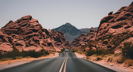 Fototapeta premium Scenic Desert Road Trip Through Vibrant Red Rock Canyon Landscape with Distant Mountains and Solitary Van on Winding Asphalt Highway, Evoking Freedom and Adventure in the American Southwest