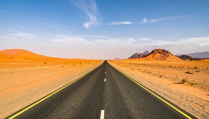 Straight road disappearing into the horizon, desert landscape
