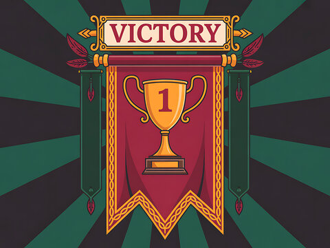 Fototapeta Golden trophy displayed on a rich banner celebrating victory