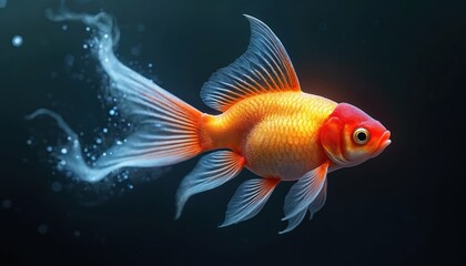 Fototapeta premium Majestic, vibrant orange, red goldfish swims gracefully in dark water. Transparent fins, tail emit soft glow. Small glowing bubbles surround fish, creating magical aura. Art shows beauty, grace,
