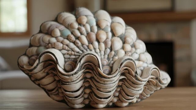 Close medium view of artistic clam shell mosaic highlighting textured surfaces and natural shell colors in a handcrafted home decor piece.