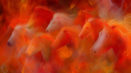 A vibrant conceptual scene featuring multiple red horses set against a fiery backdrop. This design symbolizes joy and prosperity for the upcoming 2026 celebrations