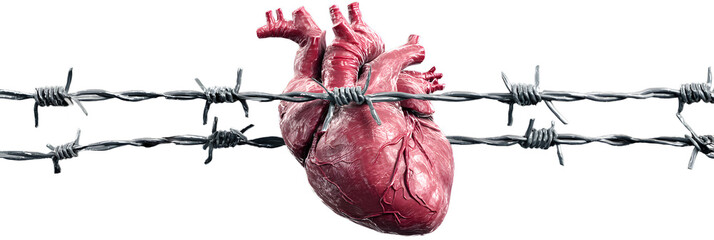 Human heart surrounded by barbed wire on an transparent background for designers, marketers and IT. Popular abstraction, background, illustration, object, symbol, texture, human body, health.
