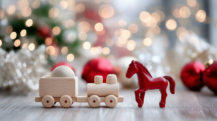 A vibrant red horse stands beside a charming wooden train, creating a joyful atmosphere for Christmas and New Year festivities in 2026, with sparkling lights in the background
