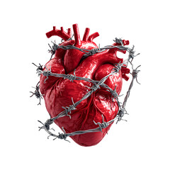 Human heart surrounded by barbed wire on an transparent background for designers, marketers and IT. Popular abstraction, background, illustration, object, symbol, texture, human body, health.