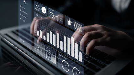 Dynamic business analytics concept showcasing a laptop screen with visual data representation, emphasizing modern technology and professional workspace efficiency. Impute