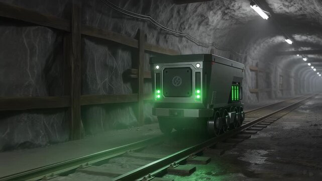 Closeup medium shot of a batterypowered mining cart maneuvering on rails inside a dimly lit mine shaft highlighting sustainable transport solutions.