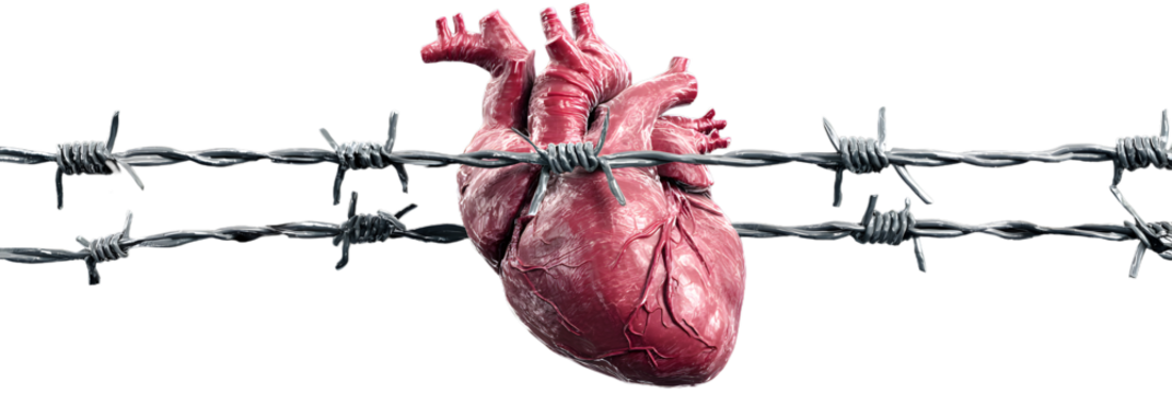 Human heart surrounded by barbed wire on an transparent background for designers, marketers and IT. Popular abstraction, background, illustration, object, symbol, texture, human body, health.