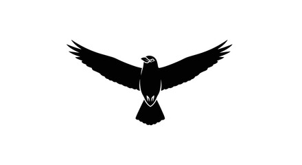 Black silhouette of a majestic bird with outstretched wings soaring against a pristine white background symbolizing freedom and power.
