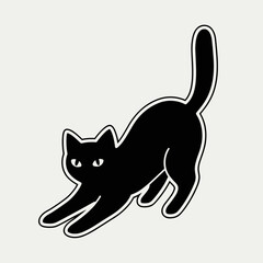 Black Cat Stretching Silhouette with White Outline on a Plain Background.