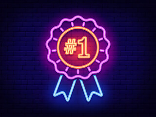Bright neon number one ribbon award glowing against dark background