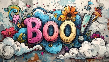 Colorful, whimsical "BOO!" graphic.  Cartoonish, textured background with clouds, flowers, and other playful details