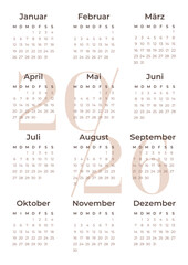Minimalist German 2026 calendar vertical page template. Layout deutsch monthly planner for the year